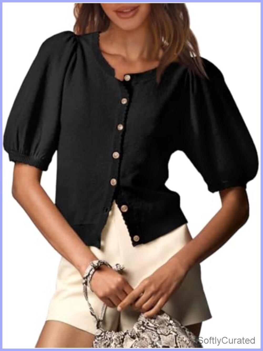 Saodimallsu Women's Puff Short Sleeve Cardigan Lightweight Knit Sweater Top